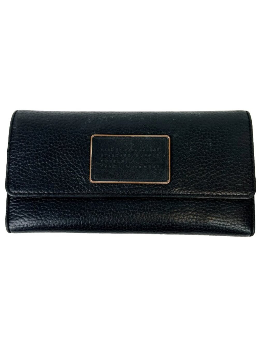 Marc Jacobs Black Leather Wallet w/ Gold Face Plate Tri Folding Card Slots Coins